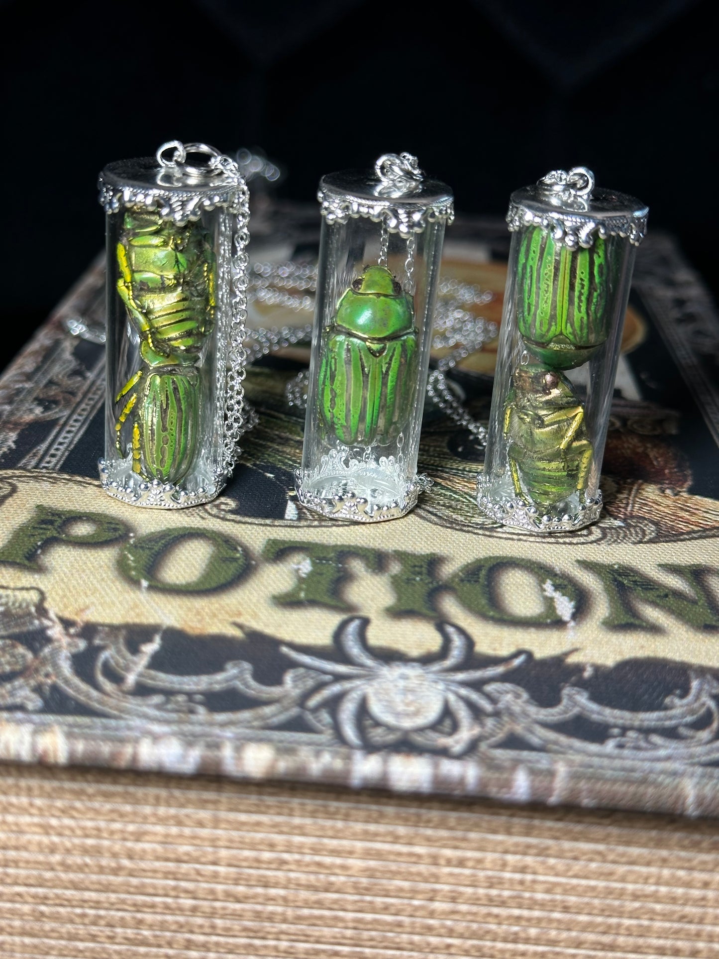 Green beetle juice necklace (2 beetles)