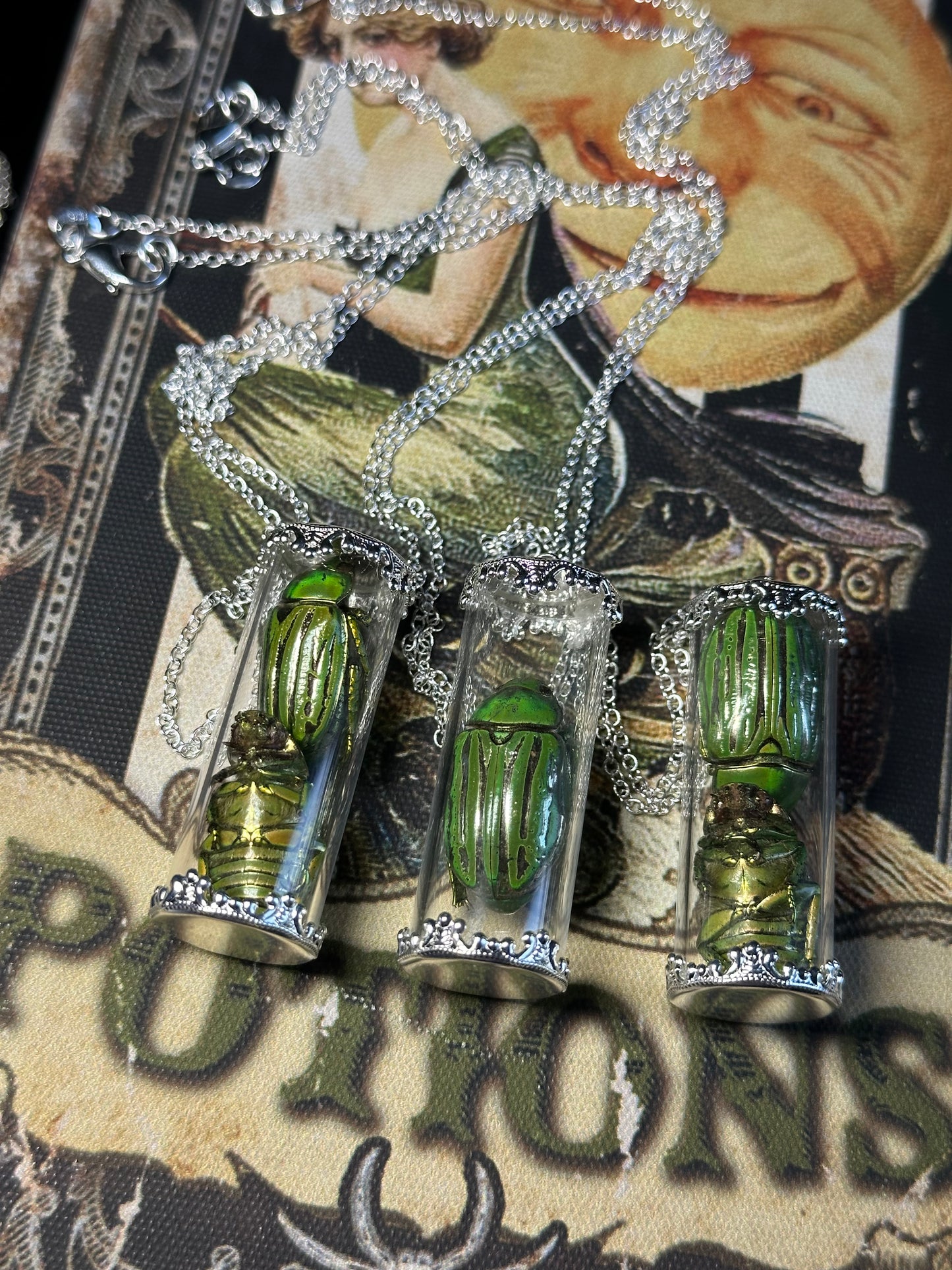 Green beetle juice necklace (2 beetles)
